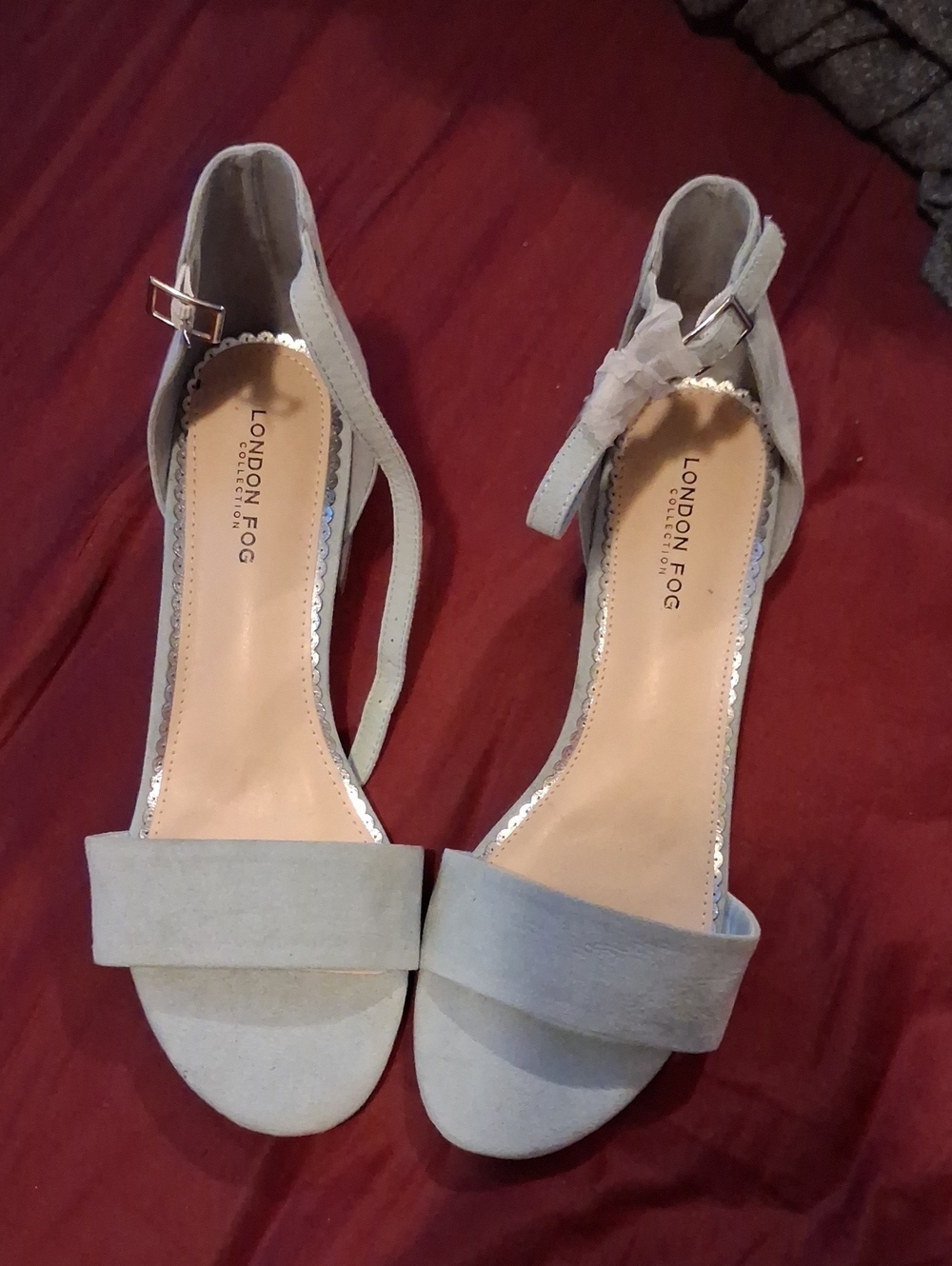 London Fog Light Gray Suede Ankle-Strap Heels